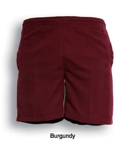Burgundy kids' microfibre sports shorts with an elastic waistband and a simple design.