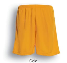 Gold sports shorts with an elastic waistband, featuring a logo. Lightweight and suitable for active wear.
