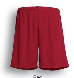 Red sports shorts featuring an elastic waistband and a simple design, with a logo displayed.