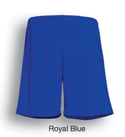 Royal blue football shorts featuring a logo. Suitable for kids' sports activities.