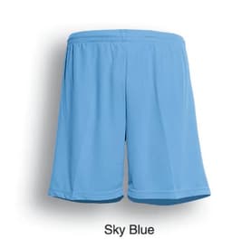 Sky blue sports shorts with a loose fit, featuring an elastic waistband and a logo on one side.