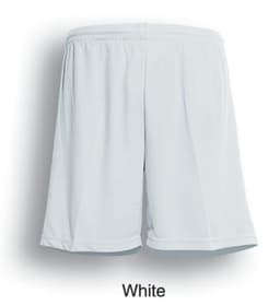Light grey sports shorts with an elastic waistband, featuring a logo on the side.