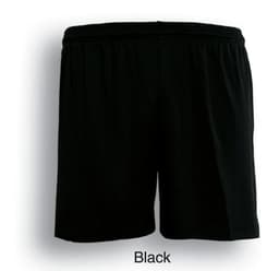 Black unisex sports shorts with an elastic waistband and a logo on the side.