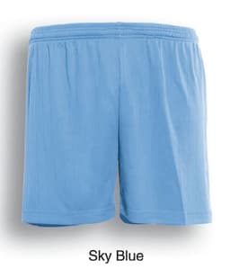 Sky blue kids' sports shorts with an elastic waistband and a logo on the side.
