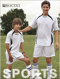 A pair of kids’ plain sports shorts in white, featuring black accents. Includes a logo and models wearing matching apparel.