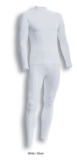 A pair of white full-length men's tights and a matching long-sleeve top, featuring a logo.