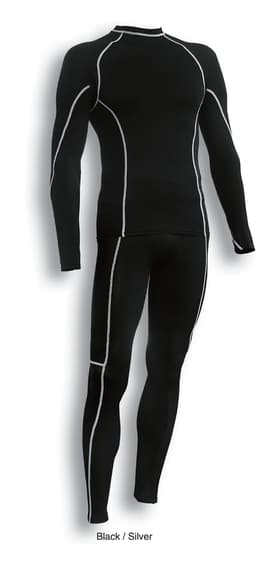 Full length black and silver leggings designed for ladies and kids, featuring a fitted style with contrasting stitching.
