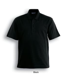 A black unisex adult cotton jersey polo shirt featuring a collar and three-button placket, with a logo on the chest.