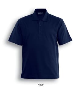 A navy unisex cotton jersey polo shirt featuring a collar and buttons, with a logo on the front.
