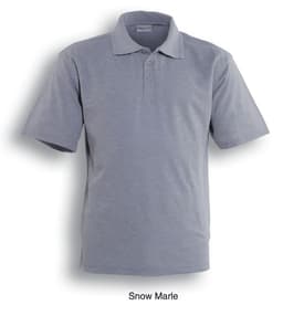 A grey snow marle unisex cotton jersey polo shirt with a collar and short sleeves. It features a logo.