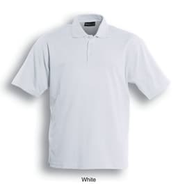 A white unisex cotton jersey polo shirt with a collar and three-button placket, featuring a logo.