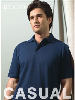 A navy unisex cotton jersey polo shirt with a collar, featuring a logo on the top left.