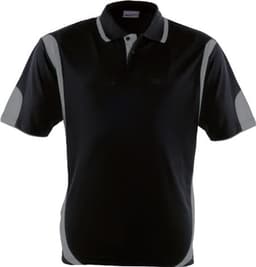A black polo shirt featuring contrast grey accents and a logo on the chest area.