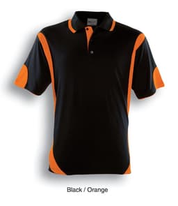 A black polo shirt with orange contrast panels and a collar. It features short sleeves and has a logo.