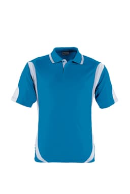 A blue and white contrast polo shirt with a logo, designed for unisex adults.