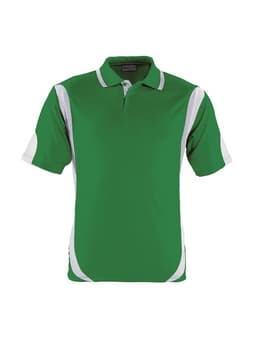 A green unisex polo shirt with white contrast detailing and a logo on the chest.