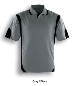 A grey and black unisex polo shirt features contrast panel detailing and has a logo on it.