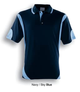 A navy and sky blue unisex polo shirt with contrasting side panels and a collar. Features a logo on the front.