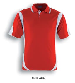A red and white unisex polo shirt featuring contrasting side panels and a collar. It has a logo on it.