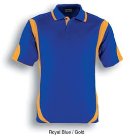A Royal Blue and Gold unisex polo shirt featuring a contrasting design and a logo.