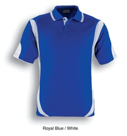 A royal blue and white unisex polo shirt, featuring contrast design and a logo.