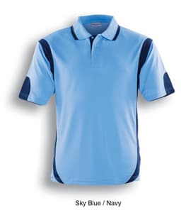 A sky blue and navy unisex polo shirt featuring contrasting panels and a logo.