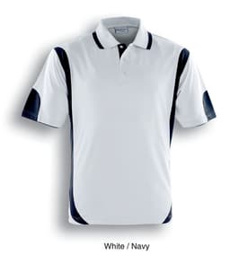 A white and navy unisex polo shirt featuring contrasting side panels and a logo on the chest.