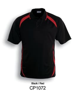 A black and red unisex polo shirt featuring contrast contour detailing and a discreet logo.