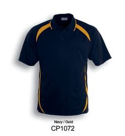 A navy and gold unisex polo shirt with contrasting contour design and a collar. It features a logo on the chest.