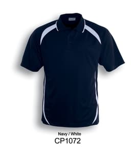 A navy and white unisex polo shirt featuring contrasting contour stripes and a logo.