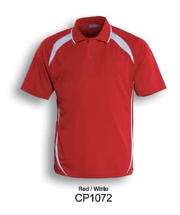 A red and white unisex adults contrast contour polo shirt featuring a logo.