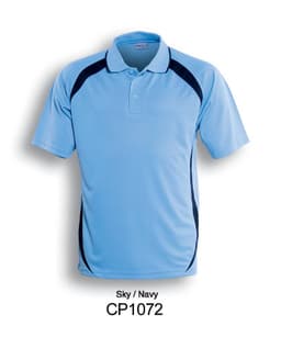 A sky blue and navy unisex polo shirt featuring a contrast contour design and a logo.