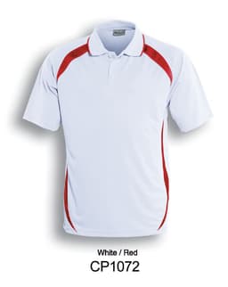 A white polo shirt with red contrast detailing and a logo. Suitable for unisex adults.