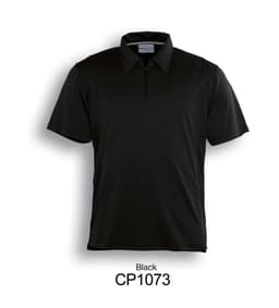 A black unisex golf polo shirt with a collar and a logo on the chest.