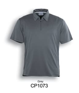 A grey unisex adults golf polo shirt with a collar and a front zipper, featuring a branded logo.
