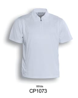 A white unisex golf polo with a collar and a zip front, featuring a logo. Suitable for adults.