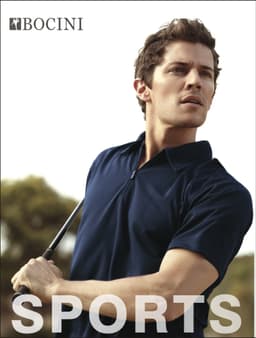 A navy blue unisex adult golf polo shirt with a logo, featuring a male model in a sports setting.