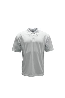 A light grey unisex short sleeve polo shirt with a collar and three buttons, featuring a logo.