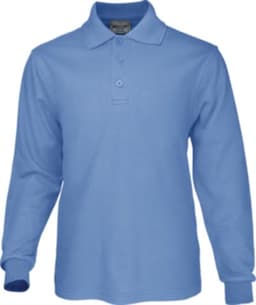 Light blue long sleeve polo shirt, featuring a collar and three buttons, with a logo on the chest.