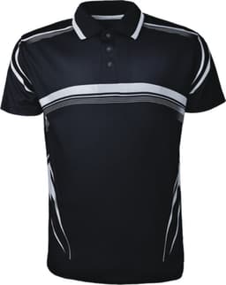 A black unisex polo shirt featuring white striped designs and a classic collar. It includes a logo on the chest.