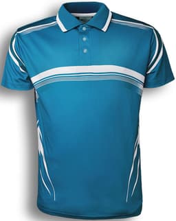 A turquoise polo shirt with white accents and a logo on the chest. Suitable for unisex adults.