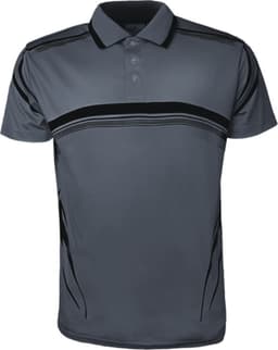 A grey unisex polo shirt featuring black design accents and a collar, with a logo present.