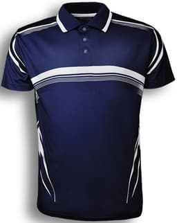 A navy blue sublimated polo shirt featuring white striped designs and a logo. Suitable for unisex adults.