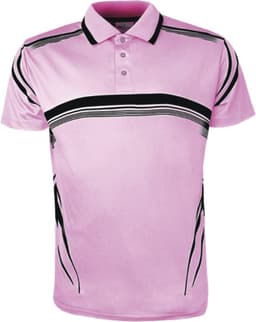 A pink unisex polo shirt featuring black gradient stripes and a collar, with a logo on the chest.