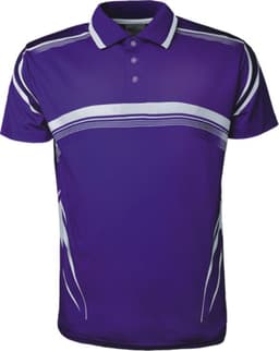 A purple unisex polo shirt featuring white graphic designs and a collar. The shirt has a logo on it.
