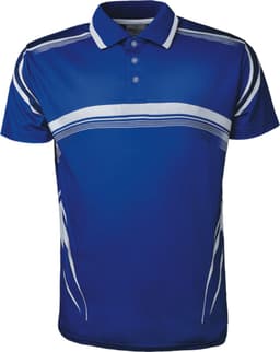 A blue unisex polo shirt with white gradient stripes and a collar, featuring a logo on the chest.