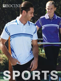 A unisex polo shirt featuring blue and white gradated stripes, displayed on a man and a girl outdoors.