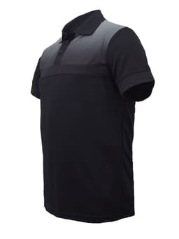 A black and grey unisex polo shirt featuring a collar and short sleeves, with a logo on the chest.