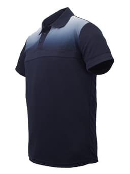 A navy unisex polo shirt with a gradient design, featuring a collar and short sleeves. It has a logo on it.