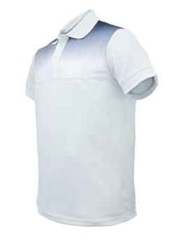A white and light blue sublimated casual polo shirt with a collar and a logo.